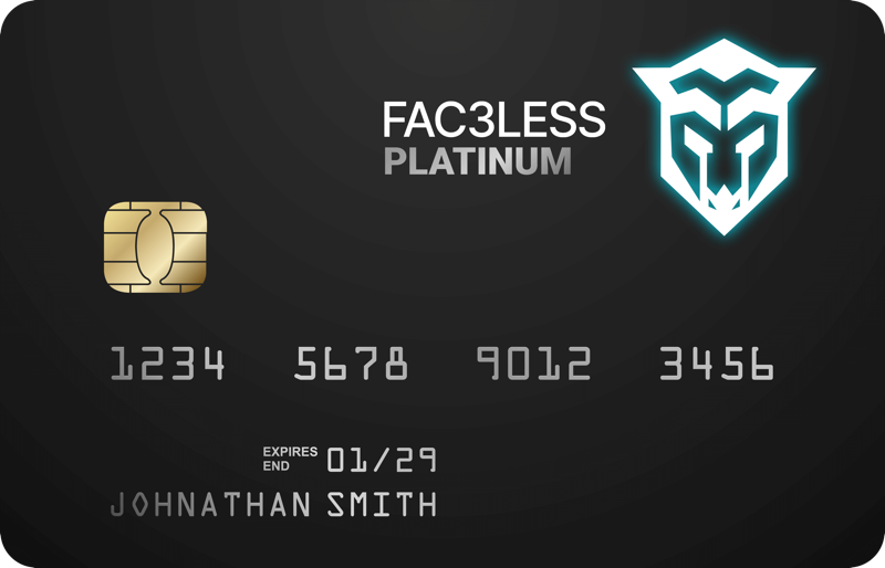 FAC3LESS Platinum Card — black card with the turquoise FAC3LESS emblem